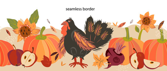 Thanksgiving seamless border or decorative banner design with turkey and pumpkins. Thanksgiving holiday card or flyer seamless design, vector isolated illustration.