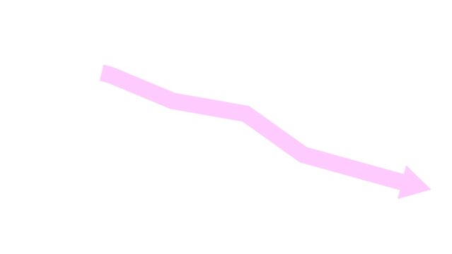 Animated pink arrow. Recession chart of economy. Economic crisis, recession, decrease graph. Profit down. Vector illustration isolated on white background.