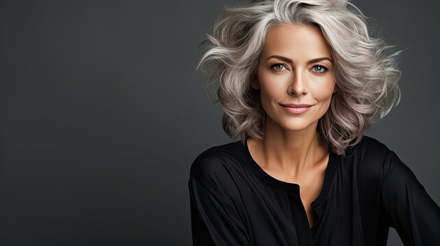 Portrait of a fashionable  mature woman, trendy, grey background 