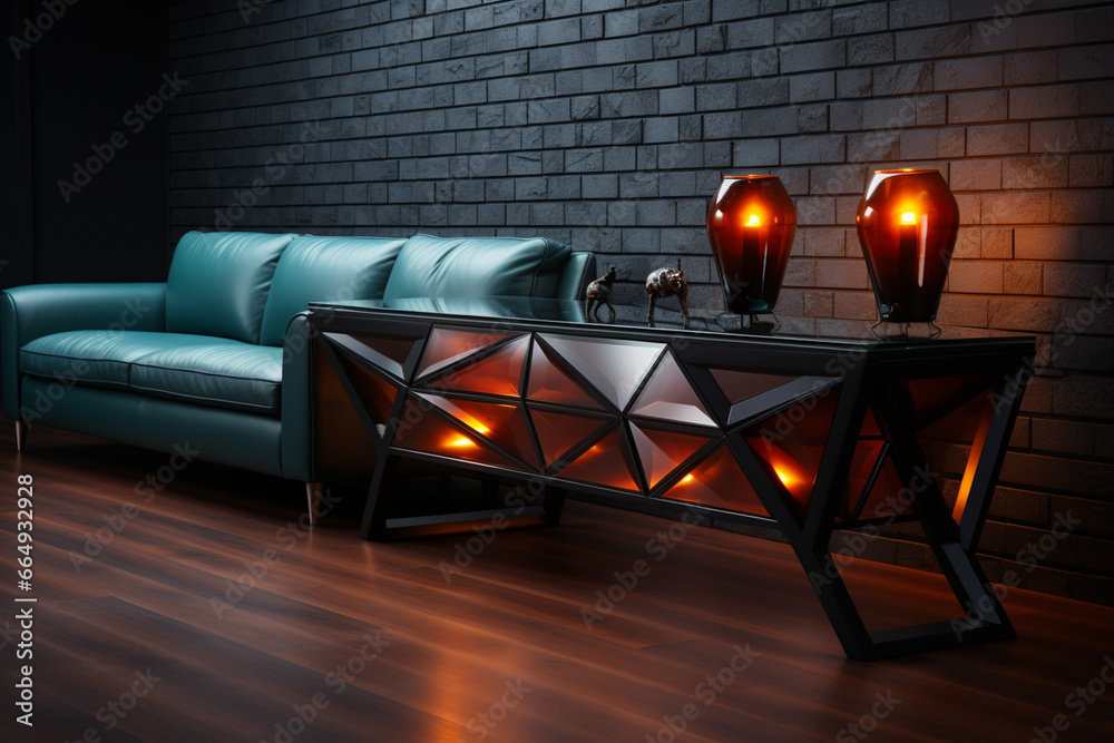 Poster a console table with a unique geometric base, such as a series of interconnected triangles or a thre