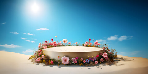 Obraz premium Advertising product background concept with golden round stage with flowers