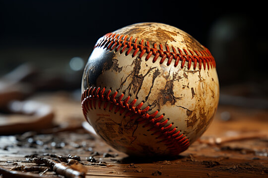 A close up image of an old used baseball, baseball bat and ball. 