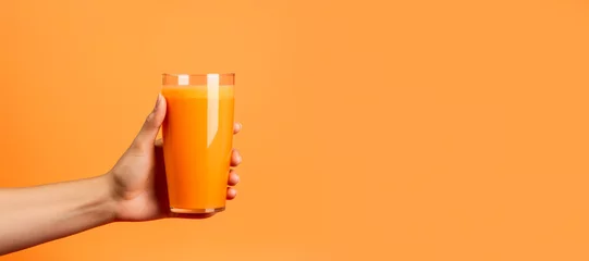 Poster carrot juice in a woman's hand on a yellow background Generative AI © Denis S