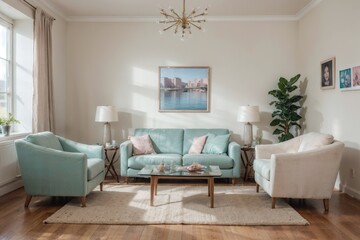 Interior mockup with picture frame on a Wall. Living room in pastel colors with sofa and painting on a wall 