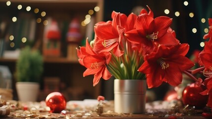 "Festive Christmas Amaryllis and Decor on Rustic Wooden Table"