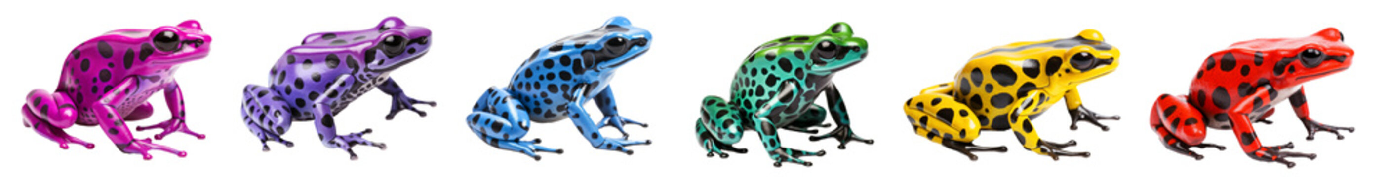 Collection of six poison dart frogs in different rainbow colours isolated on white background