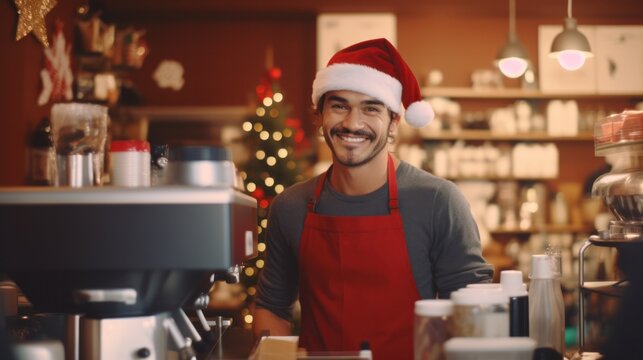"Festive Christmas Barista Serving Delicious Coffee with Joyful Christmas Decorations and Signage"