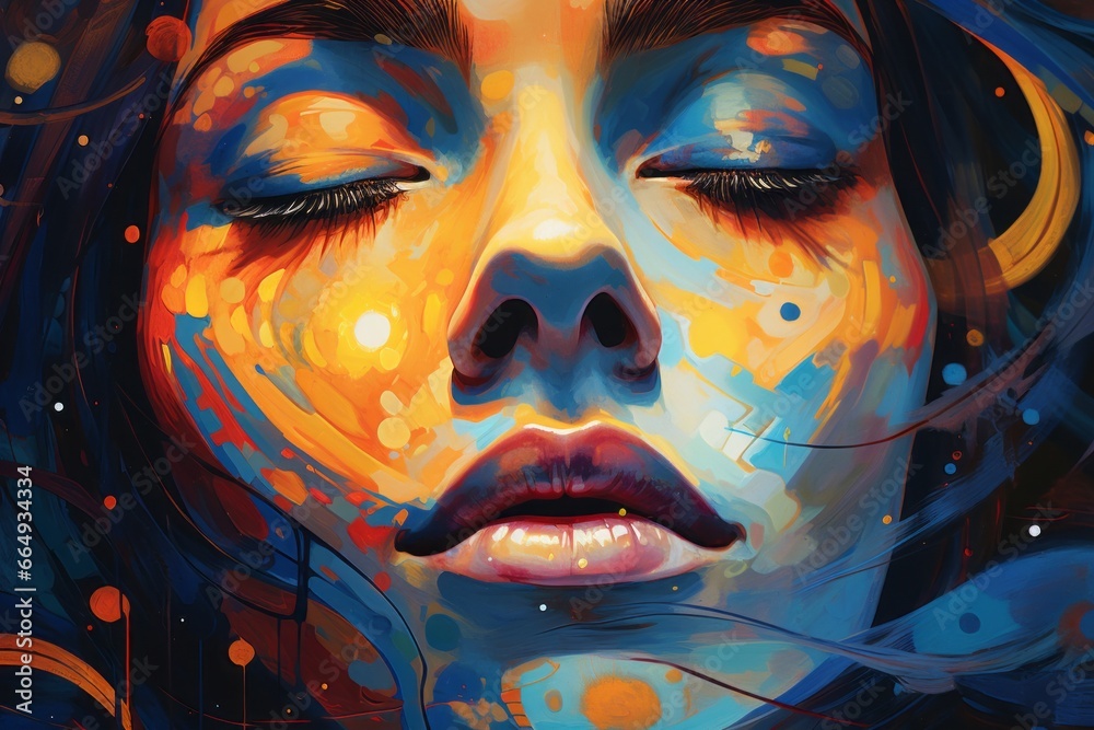 Poster A close-up of an abstract human face with eyes closed, radiating a serene aura, representing the inner power of the creator in a state of deep reflection.