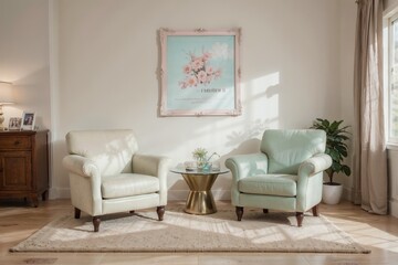 Interior mockup with picture frame on a Wall. Living room in pastel colors with sofa and painting on a wall 