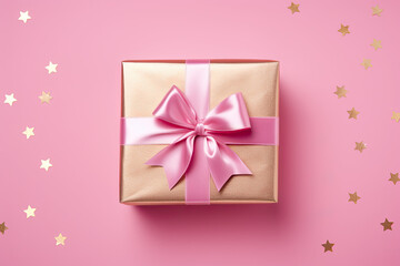 pink gift box with ribbon top view, Valentine's Day 