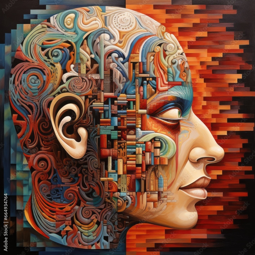 Aufkleber A picture of an abstract human head, divided into segments, each depicting a different aspect of the mind's terrain, with intricate patterns and colors creating a harmonious visual balance.