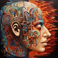 A picture of an abstract human head, divided into segments, each depicting a different aspect of the mind's terrain, with intricate patterns and colors creating a harmonious visual balance.