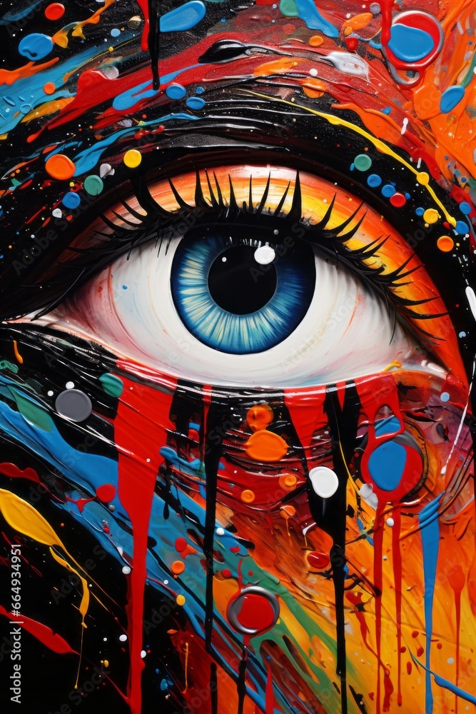 Poster a close-up of an abstract human face, the eyes of which are depicted as portals to a cosmic landscap