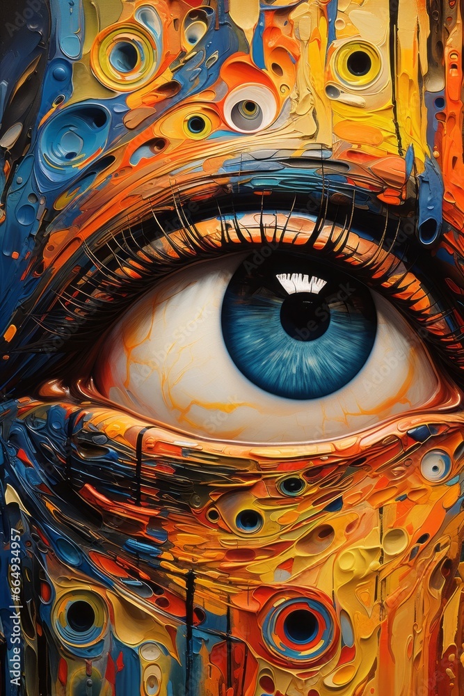 Poster a close-up of an abstract human face, the eyes of which are depicted as portals to a cosmic landscap