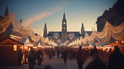 Foto auf Acrylglas Wien "Magical Christmas Atmosphere at Rathausplatz Market in Vienna, Austria - Featuring Festive Decor, Traditional Architecture, and Bustling Tourist Activity"