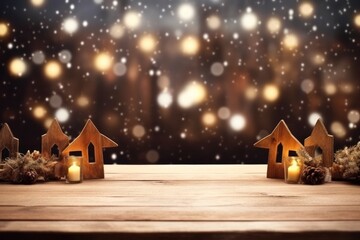 Christmas holiday background with empty wooden table top, Xmas tree and wooden toys, pine cone. Image for display your product.
