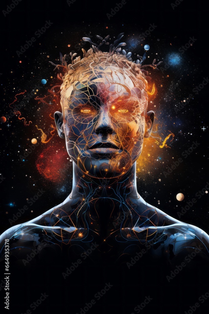 Poster An image of an abstract human silhouette with an intricately detailed brain-shaped structure within, surrounded by swirling galaxies,