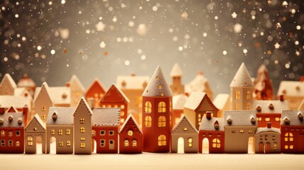 Scandinavian Christmas card. Festive European town made of clay and decorated for the holidays - obrazy, fototapety, plakaty