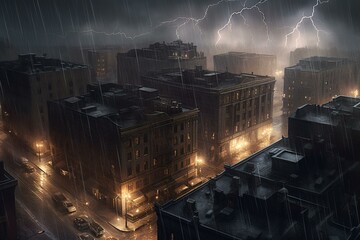 An image showing a city scene with lightning striking lightning rods on buildings. Generative AI - obrazy, fototapety, plakaty