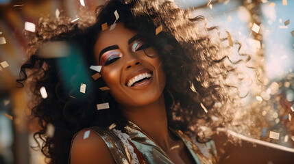 Happy african girl dancing and having fun at a summer music festival