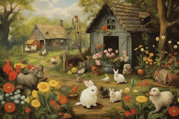 Adorable garden scene featuring animals like rabbit, sheep, mouse, and chicks, with a cottage, fence, flowers, and a rabbit family. Generative AI