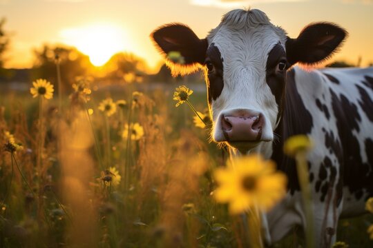 A solitary cow in the evening sun, on a butterflower meadow. Generative AI