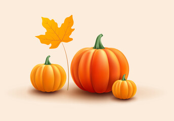 Pumpkins vector for Thanksgiving, Halloween, autumn holiday designs - 3d realistic orange pumpkins and a yellow leaf illustration - isolated