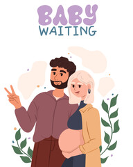 Postcard of pregnant woman, husband waiting baby. Motherhood and maternity concept. Happy couple, cartoon parent. Father and mother. Family love, beautiful female. Birth expecting. Vector illustration