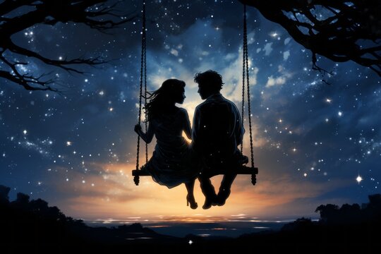 An image of a couple sharing a serene moment on a swing under a starry night sky, lost in each other's gaze.