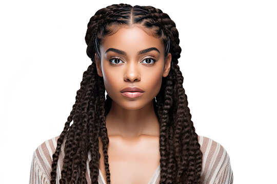 portrait of beautiful black african american woman with curly long braids 