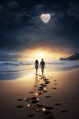 A romantic scene of a couple walking hand in hand along a moonlit beach, their footprints leaving a trail of hearts in the sand.