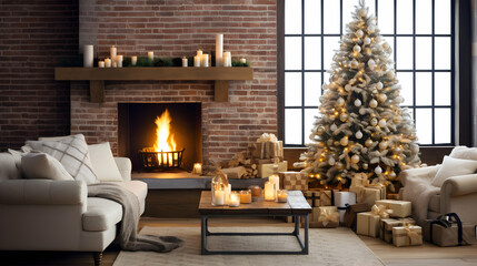 A warm Christmas living room, complete with a flickering chimney, a beautifully adorned tree, and a joyful holiday spirit. - obrazy, fototapety, plakaty