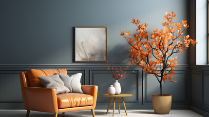 Interior of modern living room with wooden coffee table and orange armchair, empty wall. Home design
