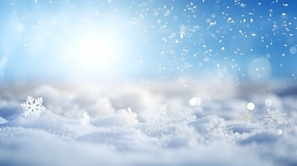 Natural winter Christmas background with blue sky and snowflakes