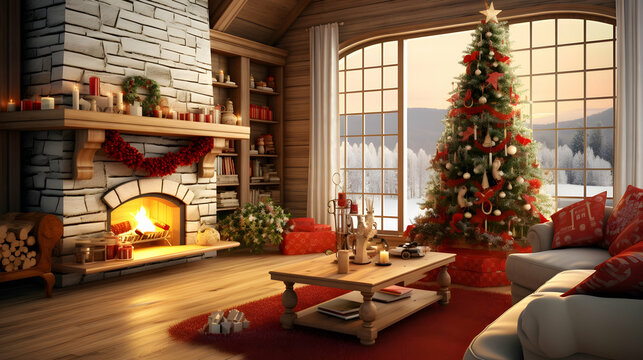 A warm Christmas living room, complete with a flickering chimney, a beautifully adorned tree, and a joyful holiday spirit.