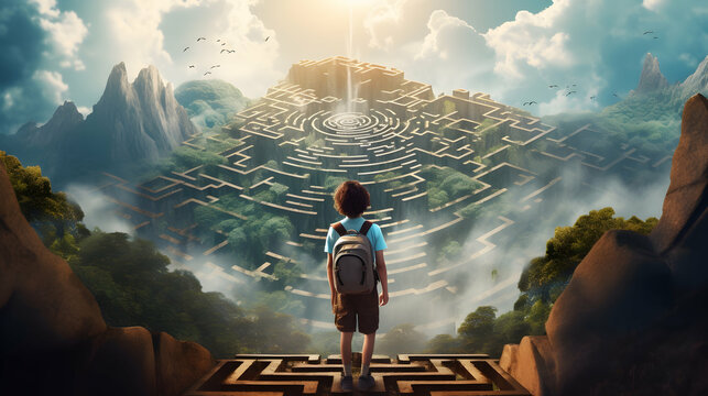 Child is facing a surreal complicated labyrinth ahead of him, concept of a life path