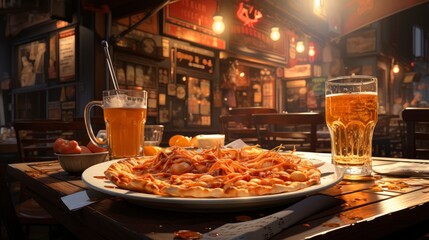 A plate of beef and cheese quesadillas with a mug of beer.