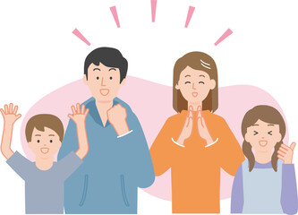 笑顔で喜ぶ若いカップルと子どもの家族