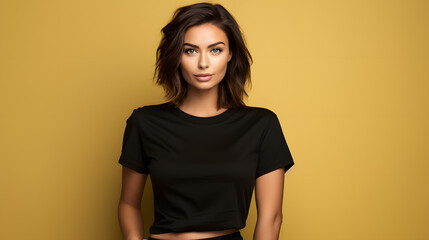 Obraz premium high fashion female model woman with black t-shirt and jeans on yellow background