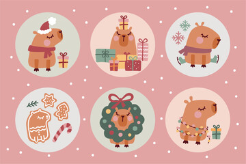 Christmas stickers collection with cute capybaras and Christmas decorative elements.