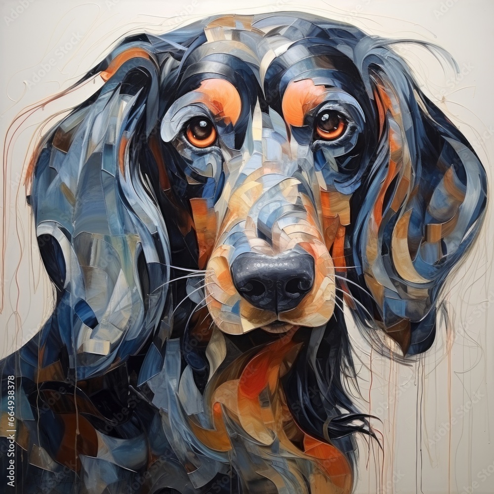 Poster an abstract, distorted dog portrait with elongated features, conveying a sense of stretching beyond 