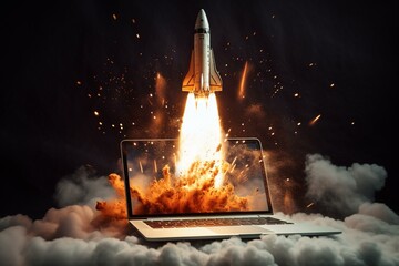 boosting online income with a rocket-fueled laptop. Generative AI - obrazy, fototapety, plakaty