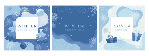 Set of three simple winter backgrounds in blue tones for the Christmas and New Year holidays. Template for greeting cards, covers, banners, mobile apps, flyers, posters