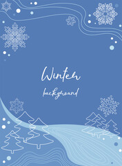 Simple winter background in blue tones with snowflakes, fir trees and abstract elements. Design for posters, banners, greeting cards, covers, mobile apps, flyers