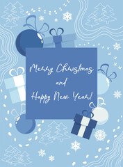 Background with congratulations on the Christmas and New Year holidays in blue tones. Template for greeting card, banner, cover, simple design with abstract elements