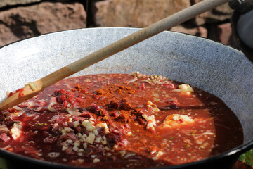 Meat and vegetables in a goulash kettle on a fire pit
