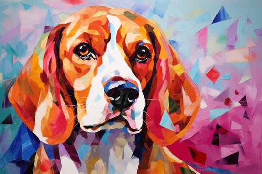 An image that combines elements of pop art and abstraction, featuring a Beagle's face in bold, vibrant colors with dynamic patterns.