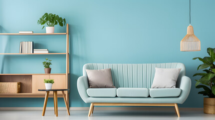 Light turquoise sofa and wooden shelving unit near teal wall. Scandinavian interior design of modern stylish living room - obrazy, fototapety, plakaty