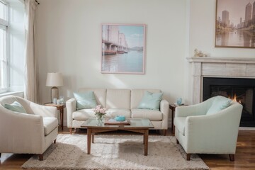 Interior mockup with picture frame on a Wall. Living room in pastel colors with sofa and painting on a wall 
