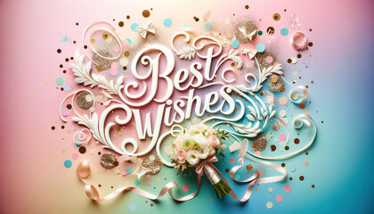 Best wishes text card, wedding bouquet with blooming natural flowers, love romance concept, copy space layout text greeting celebrating. Iridescent balloon bubble on pastel background with gradient.